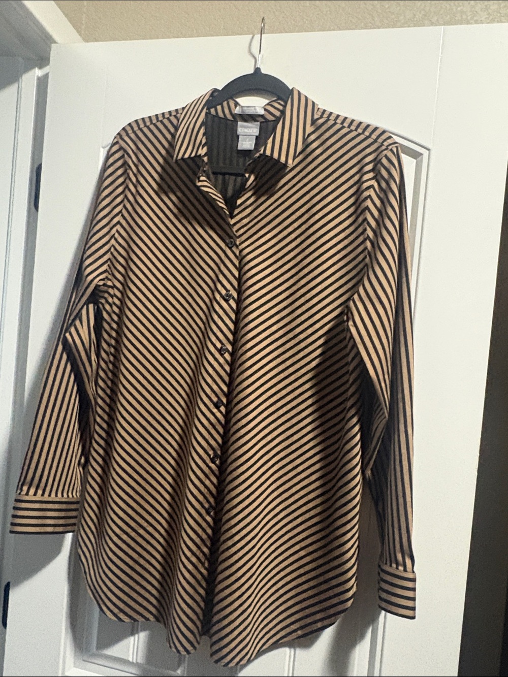 Chico's Diagonal Striped Button-Front Shirt Jacket - Black & Tan